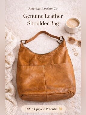 American Leather Co Tan Leather & Canvas Shoulder Bag | Zipper | Pockets